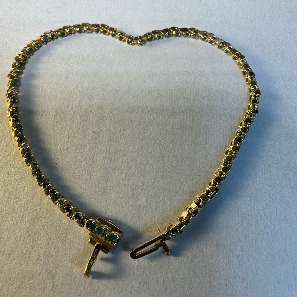 14KT Yellow Gold Round Cut Green Emerald and Diamond Tennis Bracelet